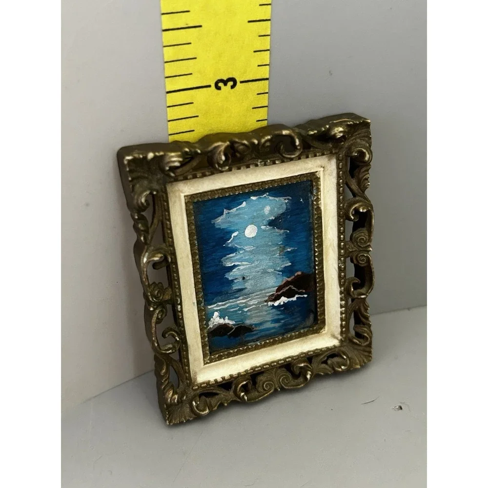 Vintage Dollhouse Miniature Night Ocean Moonlight Beach Painting In Mini Frame